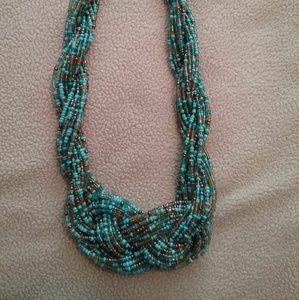 Turquoise  & gold twisted knot beaded necklace